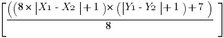 delim{[}{ ((8*delim{|}{X1-X2}{|}+1)*(delim{|}{Y1-Y2}{|}+1)+7)/8 }{]}